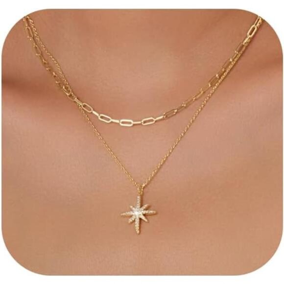 Dainty Gold Star Necklace | Layered 14K Plated Chain - Picture 2 of 5